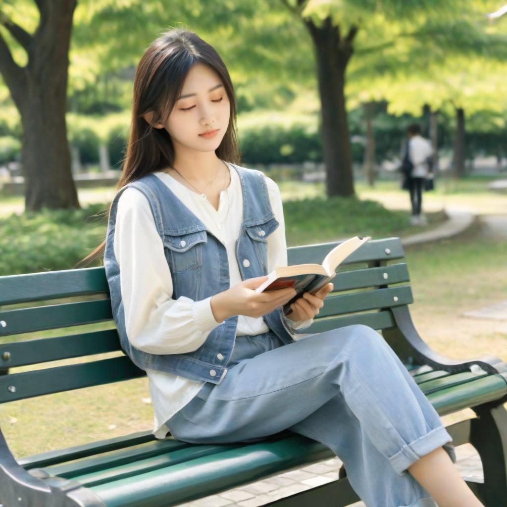 公園のベンチで読書をする女性