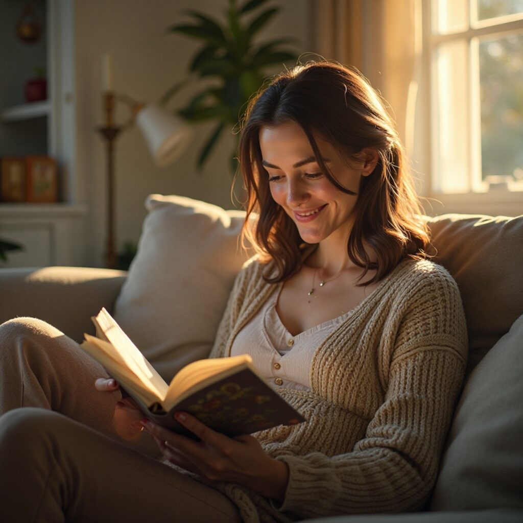 ソファで読書をする女性