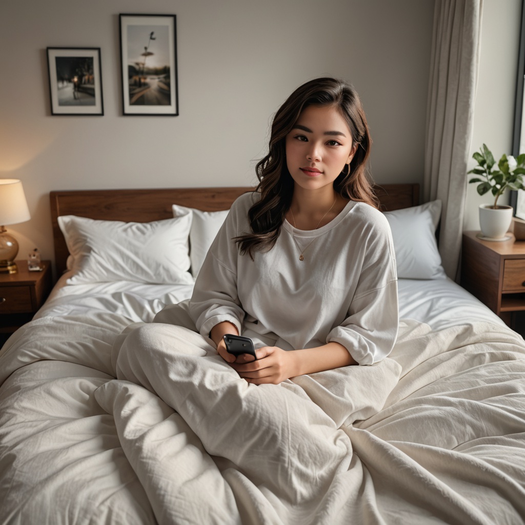 ベッドでスマホを触る女性